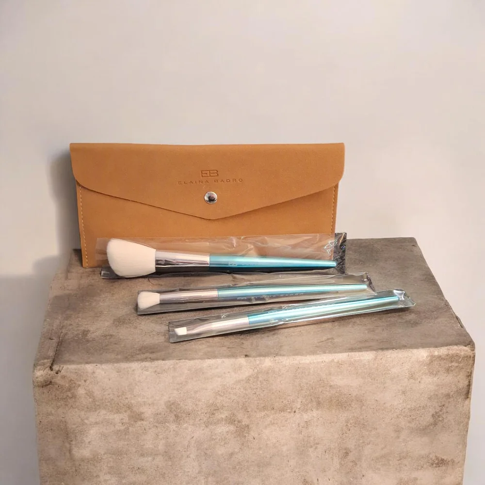 Elaina Badro Blue Makeup Brush Set with Tan Case